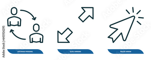 set of 3 linear icons from user interface concept. outline icons such as exchange personel, scale arrows, mouse arrow vector