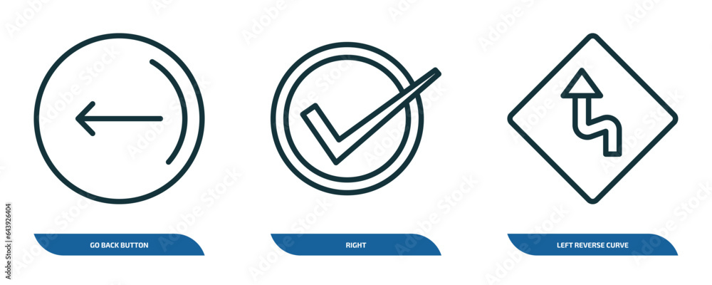 set of 3 linear icons from user interface concept. outline icons such as go back button, right, left reverse curve vector set of 3 linear icons from user interface concept. outline icons such as go back button, right, left reverse curve vector
