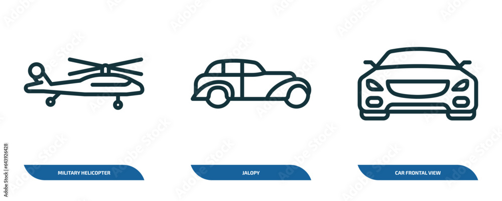 set of 3 linear icons from transportation concept. outline icons such as military helicopter, jalopy, car frontal view vector