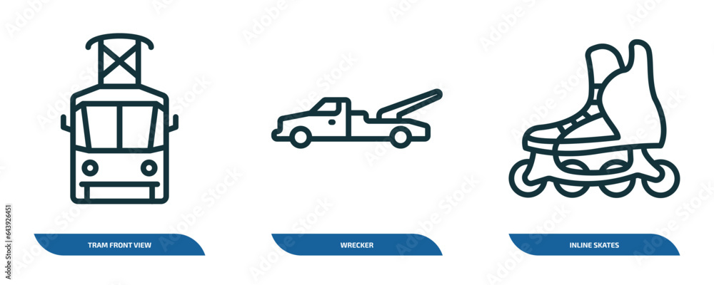 set of 3 linear icons from transportation concept. outline icons such as tram front view, wrecker, inline skates vector set of 3 linear icons from transportation concept. outline icons such as tram front view, wrecker, inline skates vector