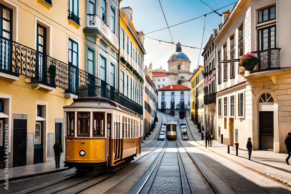 Lisbon, Portugal - Yellow tram on a street with colorful houses and flowers on the balconies - Bica Elevator going down the hill of Chiado. Generative AI