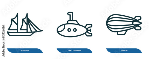 set of 3 linear icons from transportation concept. outline icons such as schooner, small submarine, zeppelin vector