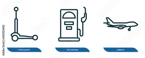 set of 3 linear icons from transportation concept. outline icons such as micro scooter, fuel dispenser, jumbo jet vector
