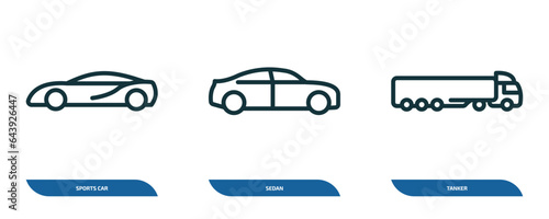 set of 3 linear icons from transportation concept. outline icons such as sports car, sedan, tanker vector