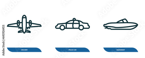 set of 3 linear icons from transportation concept. outline icons such as airliner, police car, houseboat vector