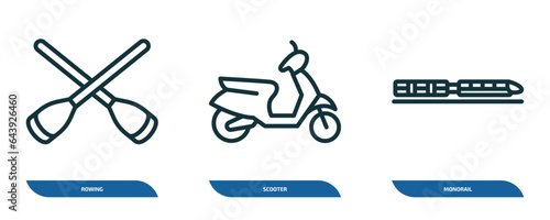 set of 3 linear icons from transportation concept. outline icons such as rowing, scooter, monorail vector