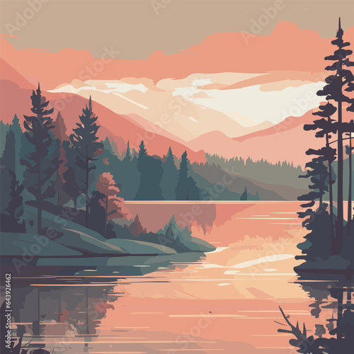 background illustration showcasing a serene lakeside landscape with a tranquil lake, towering trees, and a picturesque sunset. utilize a warm and inviting color palette of flat colors to create a