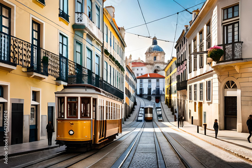 Lisbon, Portugal - Yellow tram on a street with colorful houses and flowers on the balconies - Bica Elevator going down the hill of Chiado. Generative AI