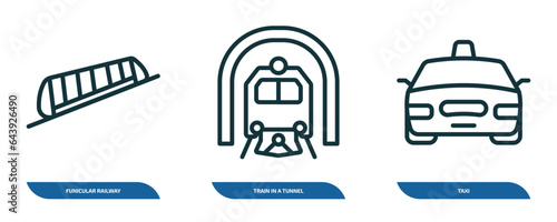 set of 3 linear icons from transportation concept. outline icons such as funicular railway, train in a tunnel, taxi vector