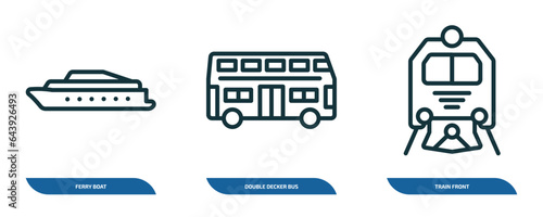set of 3 linear icons from transportation concept. outline icons such as ferry boat, double decker bus, train front vector