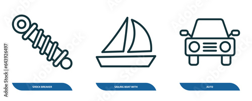 set of 3 linear icons from transport concept. outline icons such as shock breaker, sailing boat with veils, auto vector