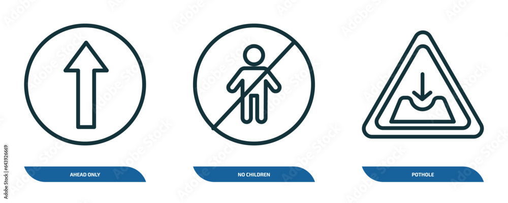 set of 3 linear icons from traffic signs concept. outline icons such as ahead only, no children, pothole vector set of 3 linear icons from traffic signs concept. outline icons such as ahead only, no children, pothole vector