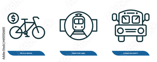 set of 3 linear icons from transport concept. outline icons such as bicycle rental, tram stop label, school bus empty vector