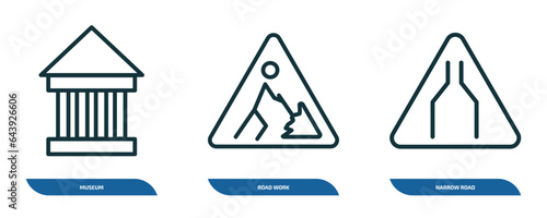 set of 3 linear icons from traffic signs concept. outline icons such as museum, road work, narrow road vector