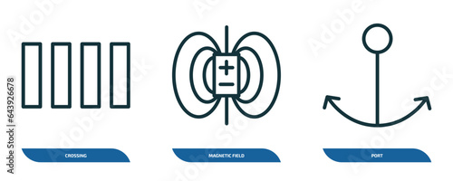 set of 3 linear icons from traffic signs concept. outline icons such as crossing, magnetic field, port vector