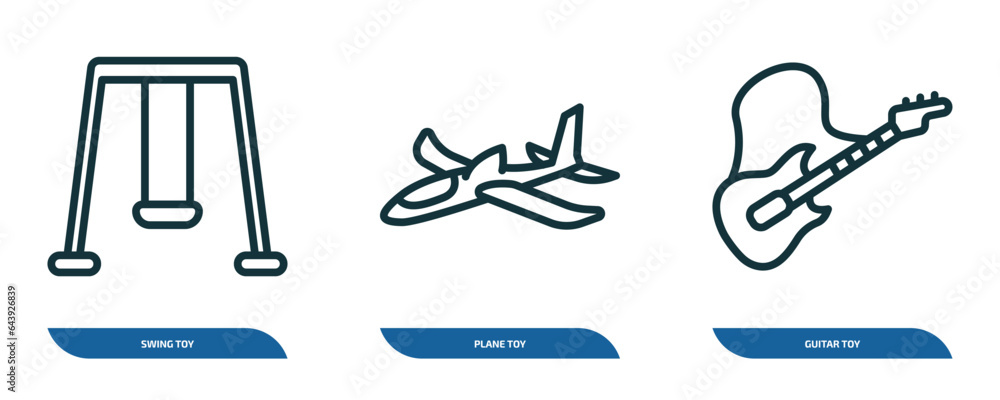 set of 3 linear icons from toys concept. outline icons such as swing toy, plane toy, guitar toy vector