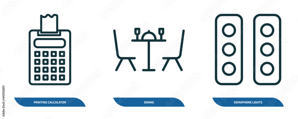 set of 3 linear icons from tools and utensils concept. outline icons such as printing calculator, dining, semaphore lights vector set of 3 linear icons from tools and utensils concept. outline icons such as printing calculator, dining, semaphore lights vector