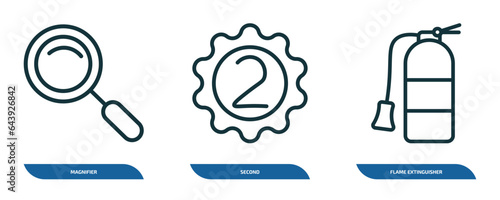 set of 3 linear icons from tools and utensils concept. outline icons such as magnifier, second, flame extinguisher vector