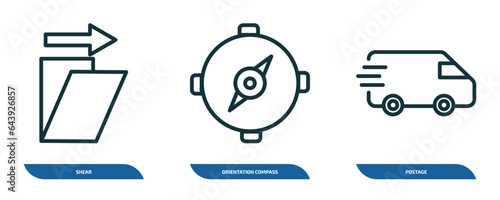 set of 3 linear icons from tools and utensils concept. outline icons such as shear, orientation compass, postage vector