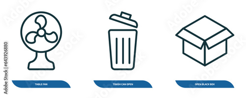 set of 3 linear icons from tools and utensils concept. outline icons such as table fan, trash can open, open black box vector