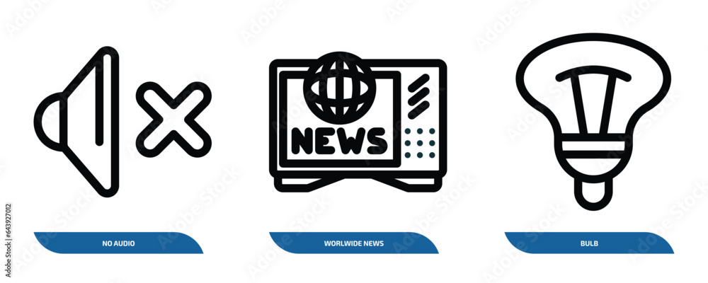 set of 3 linear icons from technology concept. outline icons such as no audio, worlwide news, bulb vector set of 3 linear icons from technology concept. outline icons such as no audio, worlwide news, bulb vector