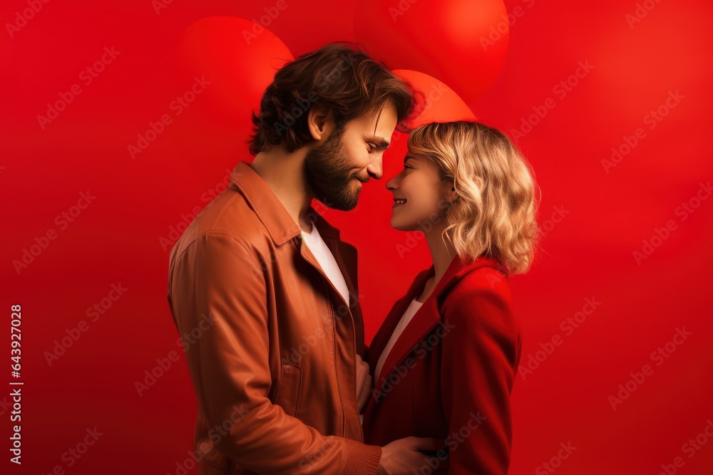 St Valentines day concept. Close-up photo of a stylish young couple on a red background. St Valentines day concept. Close-up photo of a stylish young couple on a red background.