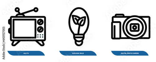set of 3 linear icons from technology concept. outline icons such as old tv, ecologic bulb, digital photo camera vector