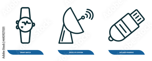 set of 3 linear icons from technology concept. outline icons such as smart watch, satellite station, inclined pendrive vector