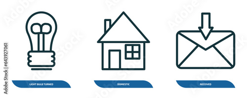 set of 3 linear icons from technology concept. outline icons such as light bulb turned off, domestic, received vector