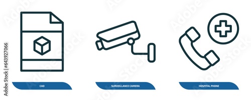 set of 3 linear icons from technology concept. outline icons such as cad, surveillance camera, hospital phone vector