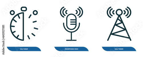 set of 3 linear icons from technology concept. outline icons such as half hour, microphone voice, cell tower vector