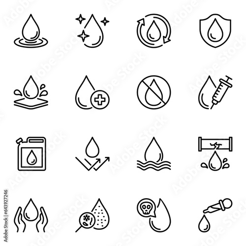 drops related vector line icons set. splatter, pure, purity, drip, droplet, recycle, ripple, protect, blood, pollution, splash, eco, oil, outline, shield, protection