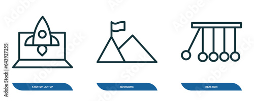 set of 3 linear icons from startup stategy and concept. outline icons such as startup laptop, overcome, reaction vector