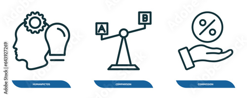 set of 3 linear icons from success concept. outline icons such as humanpictos, comparison, commission vector