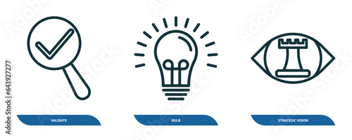 set of 3 linear icons from startup stategy and concept. outline icons such as validate, bulb, strategic vision vector