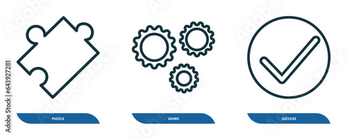 set of 3 linear icons from success concept. outline icons such as puzzle, gears, success vector