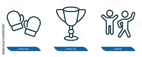 set of 3 linear icons from sports concept. outline icons such as boxing glove, football cup, excercise vector