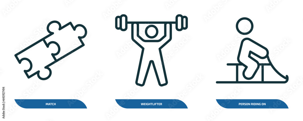 set of 3 linear icons from sports concept. outline icons such as match, weightlifter, person riding on sleigh vector