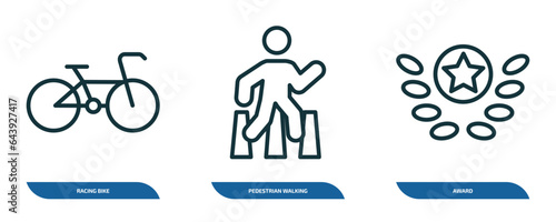 set of 3 linear icons from sport concept. outline icons such as racing bike, pedestrian walking, award vector