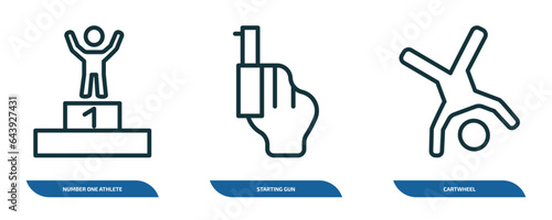set of 3 linear icons from sports concept. outline icons such as number one athlete, starting gun, cartwheel vector