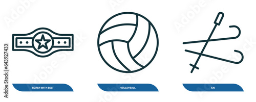 set of 3 linear icons from sport concept. outline icons such as boxer with belt, volleyball, ski vector