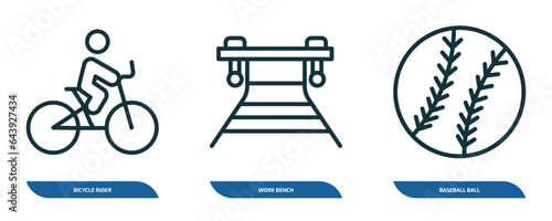 set of 3 linear icons from sports concept. outline icons such as bicycle rider, work bench, baseball ball vector