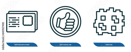 set of 3 linear icons from social media marketing concept. outline icons such as postcard with stamp, quit a social like, pixelated vector