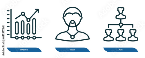 set of 3 linear icons from social media marketing concept. outline icons such as stadistics, rocker, path vector