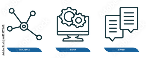 set of 3 linear icons from social media marketing concept. outline icons such as social normal, system, chat box vector