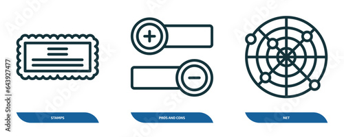 set of 3 linear icons from social media marketing concept. outline icons such as stamps, pros and cons, net vector