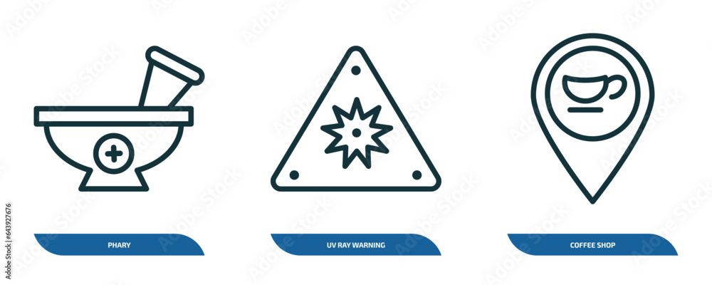 set of 3 linear icons from signs concept. outline icons such as phary, uv ray warning, coffee shop vector