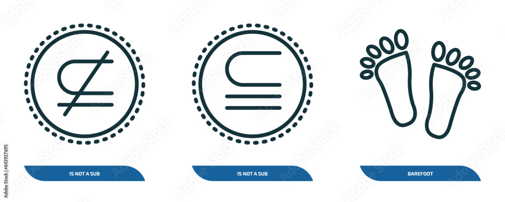 set of 3 linear icons from signs concept. outline icons such as is not a sub, is not a sub, barefoot vector set of 3 linear icons from signs concept. outline icons such as is not a sub, is not a sub, barefoot vector