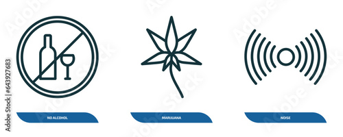 set of 3 linear icons from signs concept. outline icons such as no alcohol, marijuana, noise vector