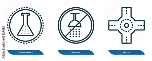 set of 3 linear icons from signs concept. outline icons such as chemical products, no shower, junction vector
